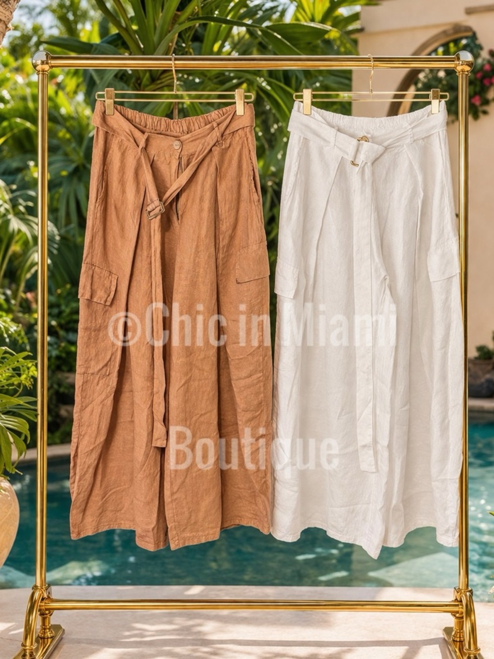 Wide-Leg Italian Linen Cargo Pants with Tie Waist - Tan White